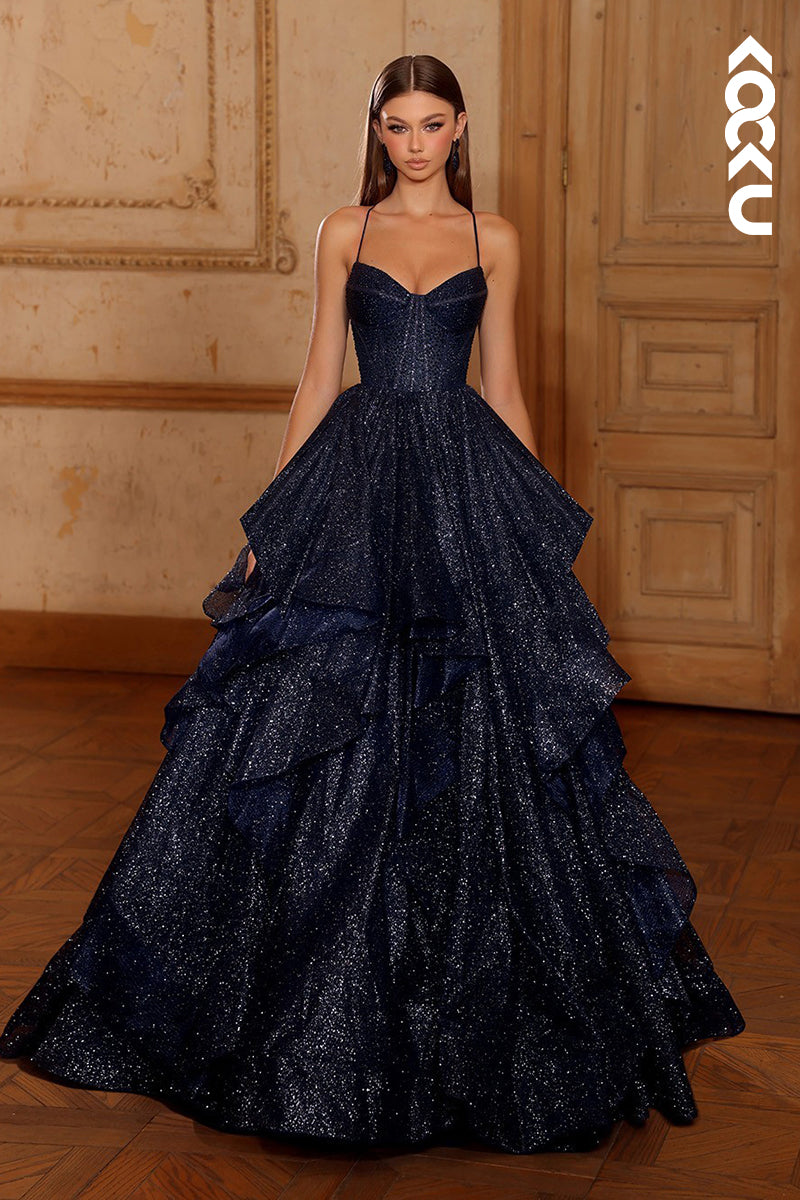 L2922 - Couture & Ornate Sparkly A-Line Spaghetti Straps V-Neck Evening Party Prom Dress - Fashionpara