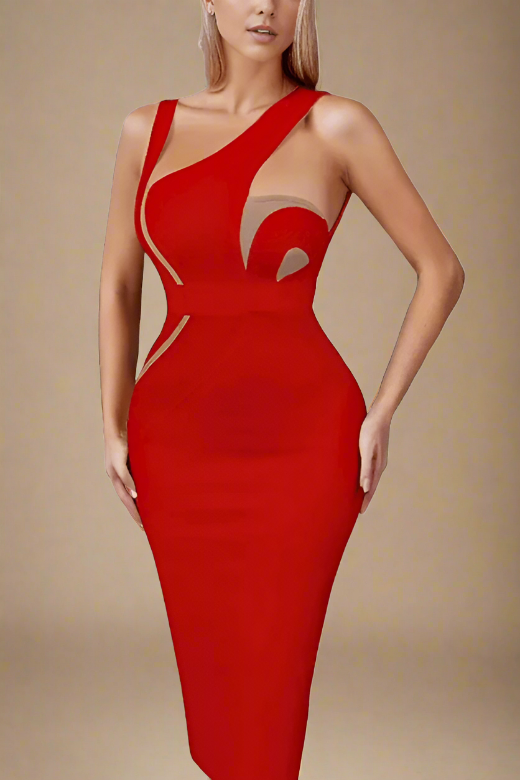 Woman wearing a figure flattering  Kylie Bodycon Midi Dress - Lipstick Red BODYCON COLLECTION