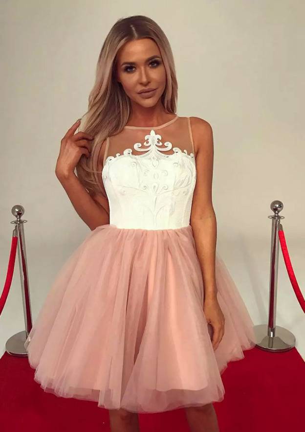 Lace Bateau Tulle Homecoming Dress Ball Gown - Short