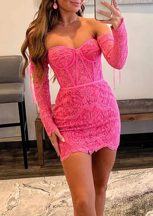 Lace Homecoming Dress with Beading - Sweetheart Column Short Full/Long Sleeve