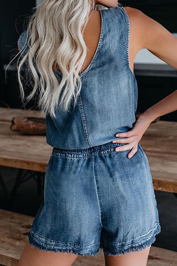 Lace Vest Denim Jumpsuit - Fashionpara