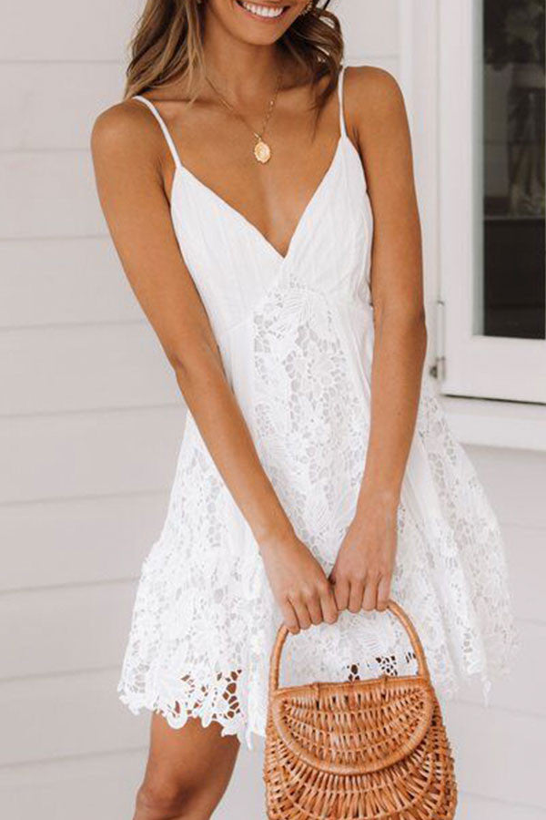 White Lace Spaghetti Straps Dress