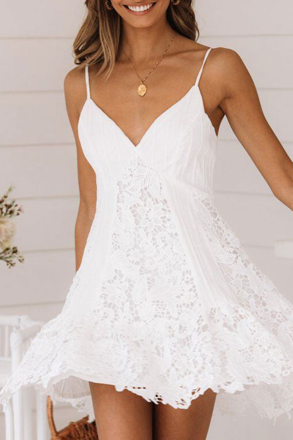 White Lace Spaghetti Straps Dress