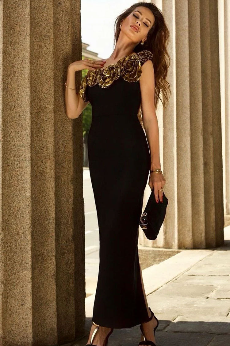 Lavish 3D Rosette One Shoulder Bodycon Bandage Evening Maxi Dress