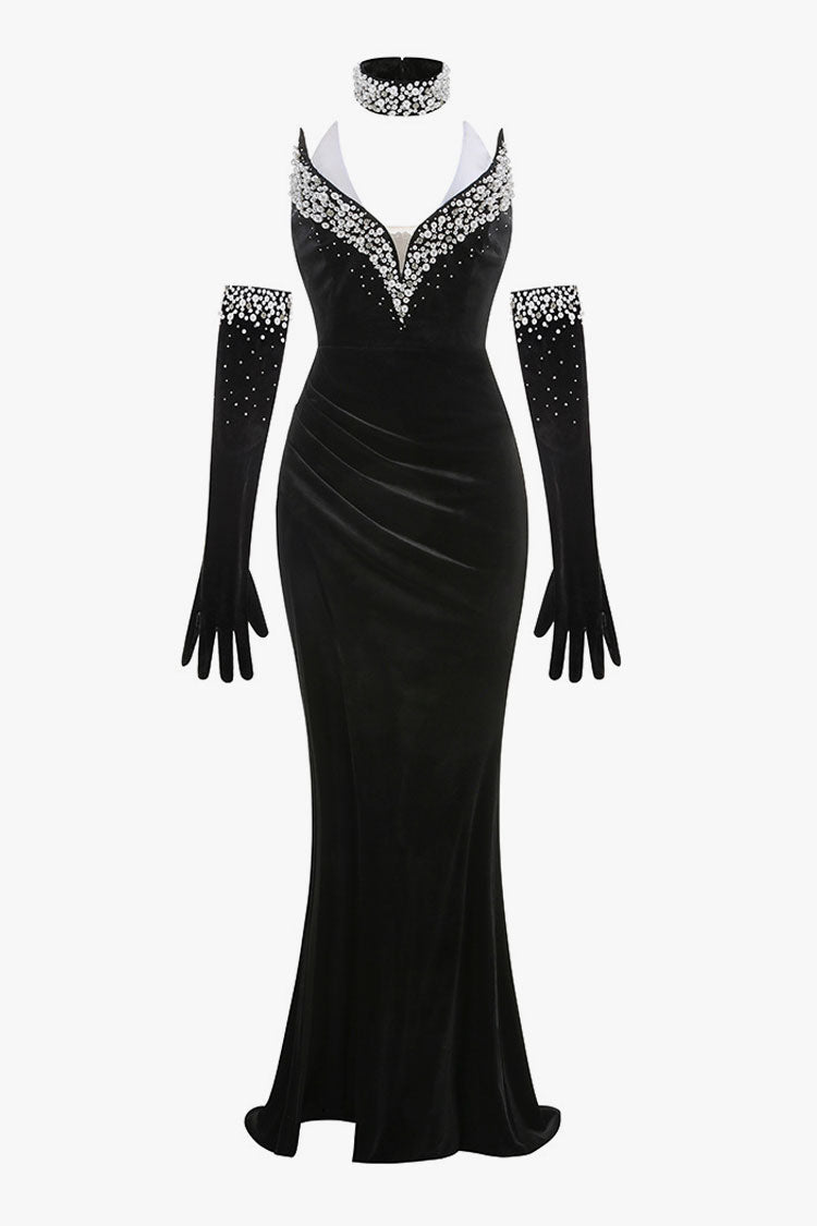 Lavish Beaded Crystal Choker Gloved Deep V Slit Velvet Evening Maxi Dress