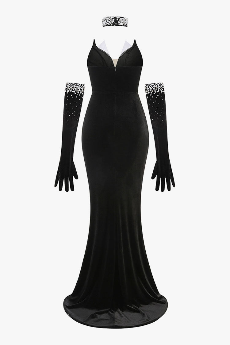 Lavish Beaded Crystal Choker Gloved Deep V Slit Velvet Evening Maxi Dress