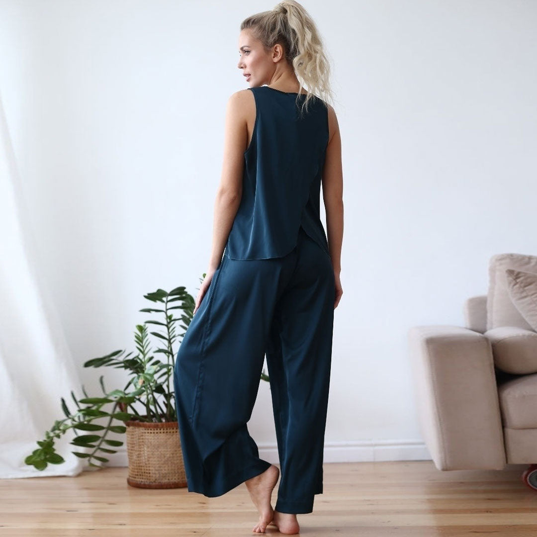 Leisure Split Back Tank Top Wide Leg Pajamas Matching Set - Navy Blue - Fashionpara