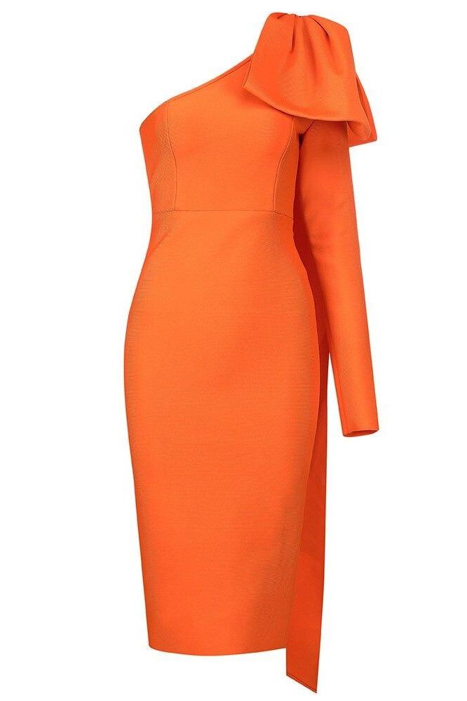 Woman wearing a figure flattering  Lela Long Sleeve Bandage Midi Dress - Apricot Orange BODYCON COLLECTION