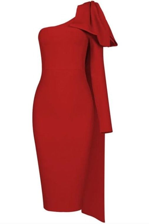 Woman wearing a figure flattering  Lela Long Sleeve Bandage Midi Dress - Lipstick Red BODYCON COLLECTION