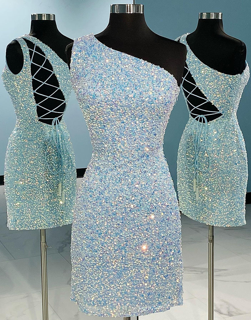 Zelda One-Shoulder Tight Sky Blue Homecoming Dress