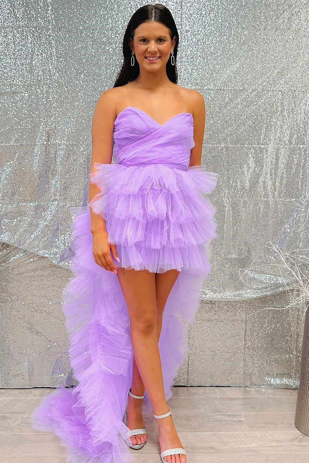 Lilac Tulle Strapless High-Low Homecoming Dress with Ruffled Hem