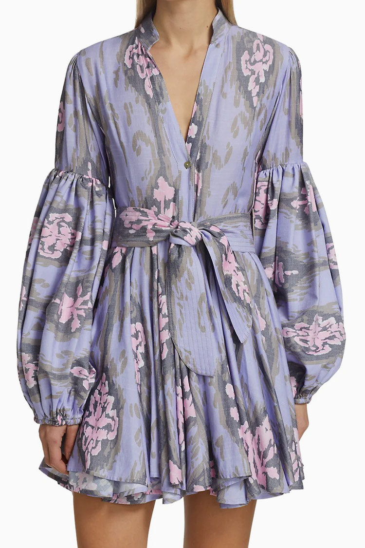 Long Sleeve Button Down Floral Print Shirt Mini Dress - Purple - Fashionpara