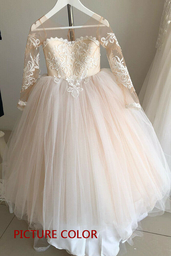 Long Sleeve Tulle Lace Flower Girl Dress With Bowknot - Fashionpara