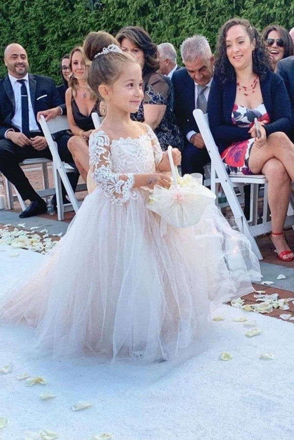 Long Sleeve Tulle Lace Flower Girl Dress With Bowknot - Fashionpara