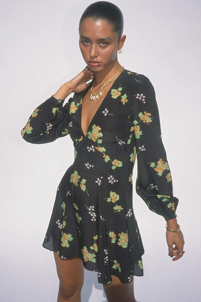 Long Sleeve V Neck Fit & Flare French Silk Floral Mini Dress - Black - Fashionpara