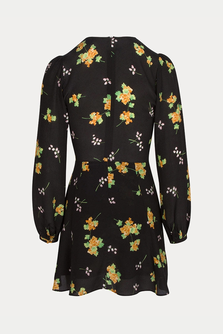 Long Sleeve V Neck Fit & Flare French Silk Floral Mini Dress - Black - Fashionpara