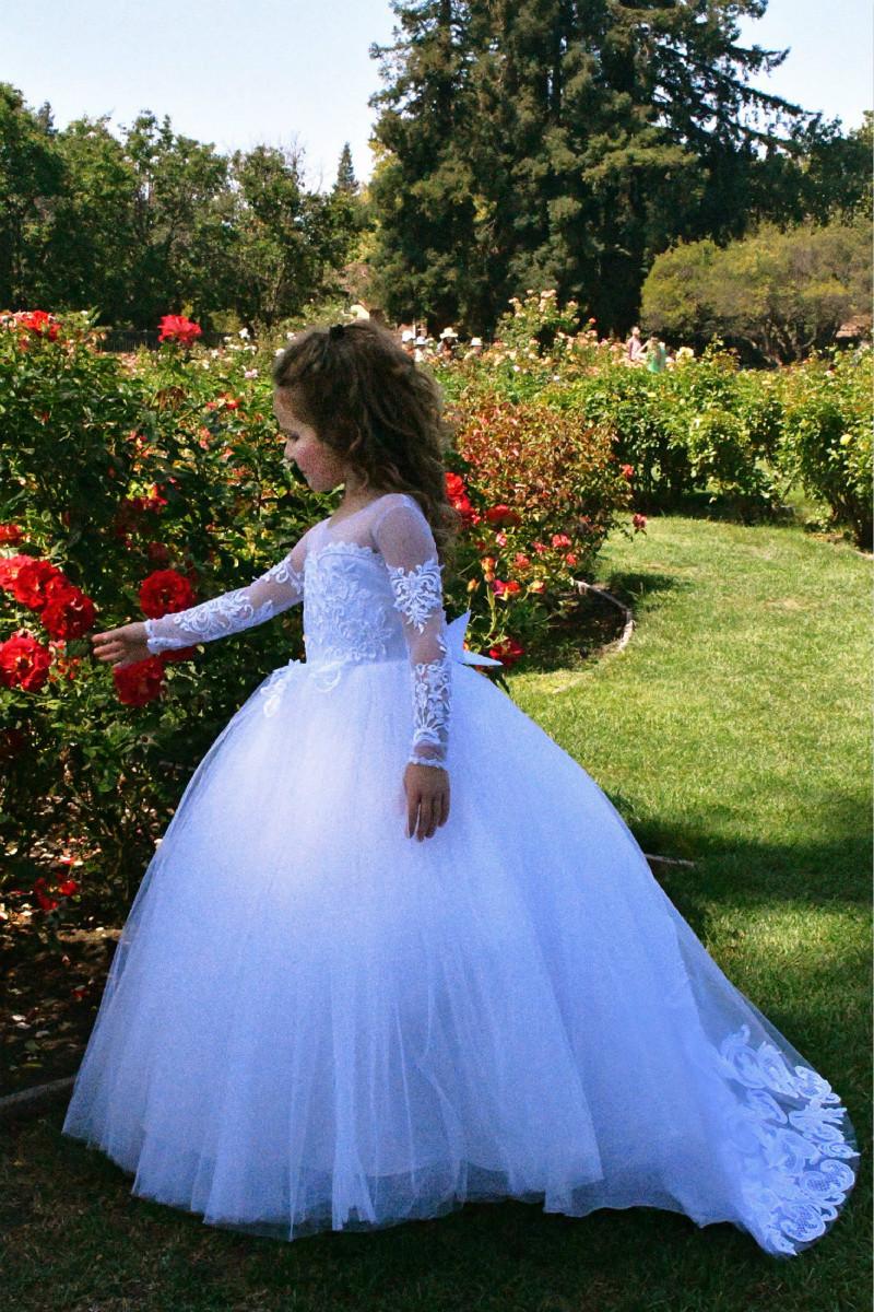 Long Sleeves Tulle Lace Flower Girl Dress On Sale - Fashionpara