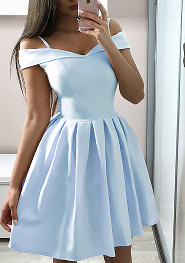 Look Pretty in a Short Elegant A-line Off-the-Shoulder Sleeveless Satin Homecoming Dress With Ruffles