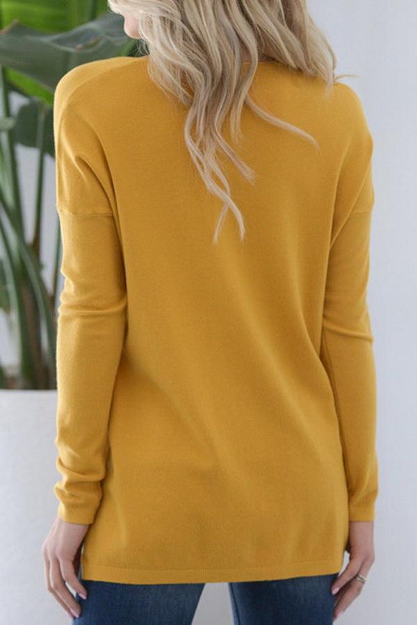 Loose V-collar Plain Long-sleeved T-shirt