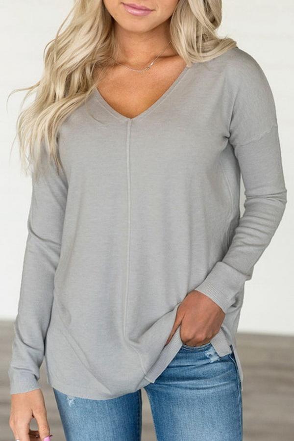 Loose V-collar Plain Long-sleeved T-shirt