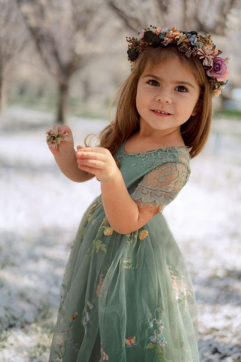 Lovely Green Cap Sleeves A-line Flower Girl Dresses With Appliques - Fashionpara