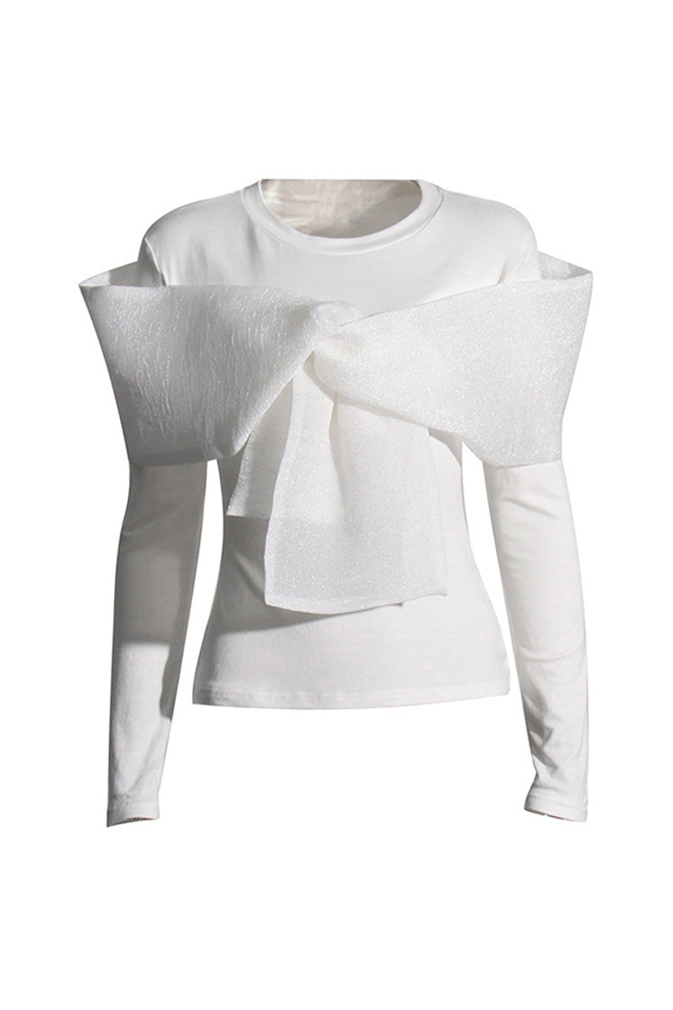 Luxurious Crinkled Big Knot Round Neck Long Sleeve Slim Fit T Shirt