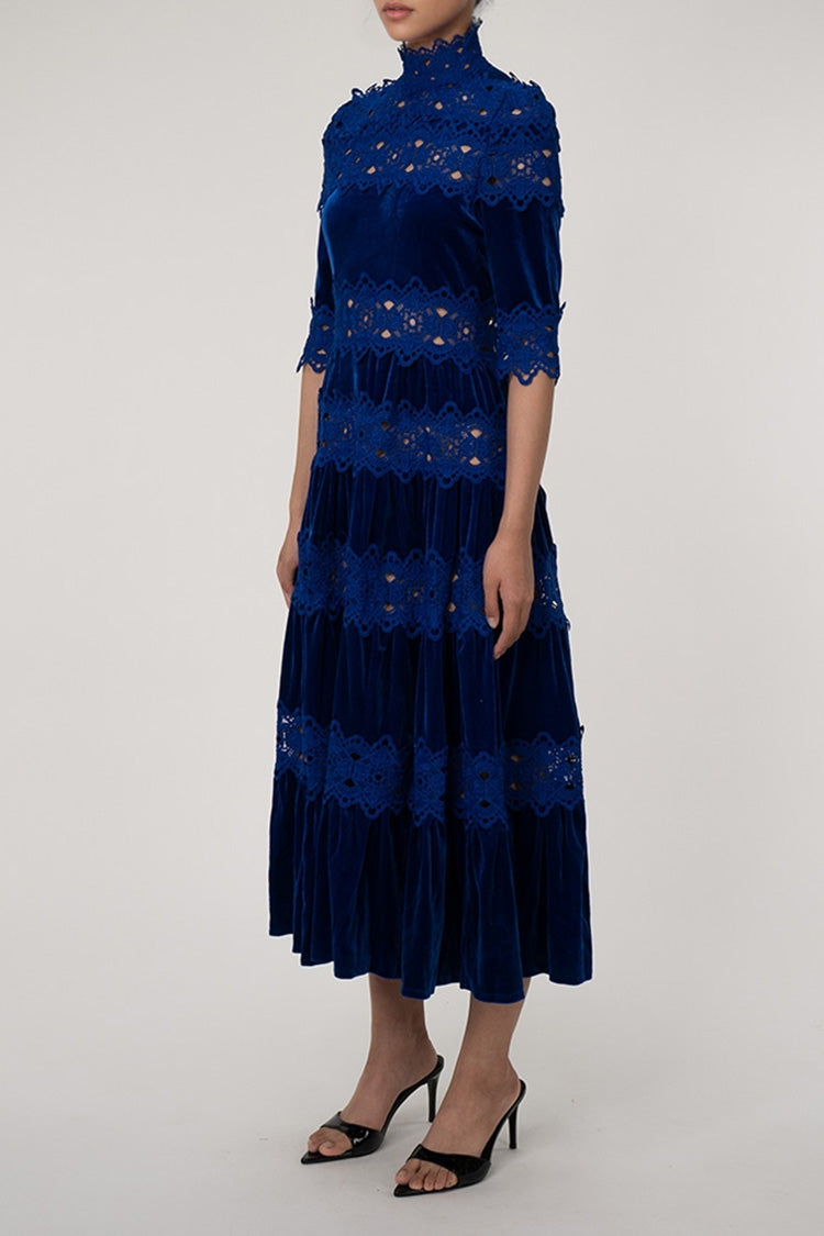 Luxurious High Neck Half Sleeve Ruched Lace Velvet Evening Maxi Dress - Royal Blue