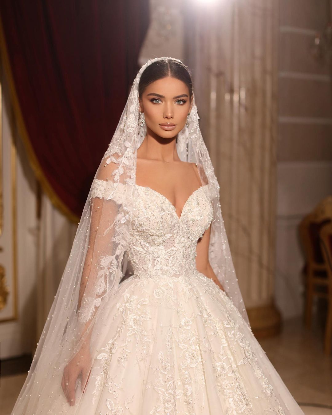 Opulent Long A-line Off-the-shoulder Lace Beaded Wedding Gown