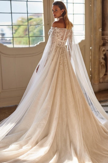 Exquisite Off-the-Shoulder Long Sleeves A-Line Wedding Dress in Lace with Beaded Details