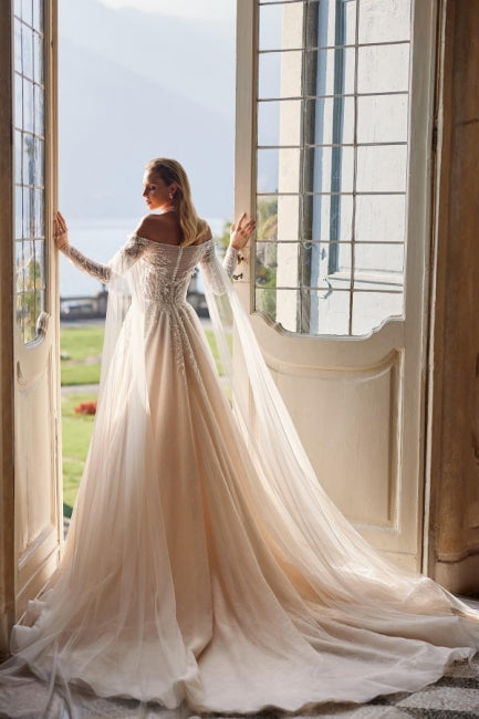 Exquisite Off-the-Shoulder Long Sleeves A-Line Wedding Dress in Lace with Beaded Details