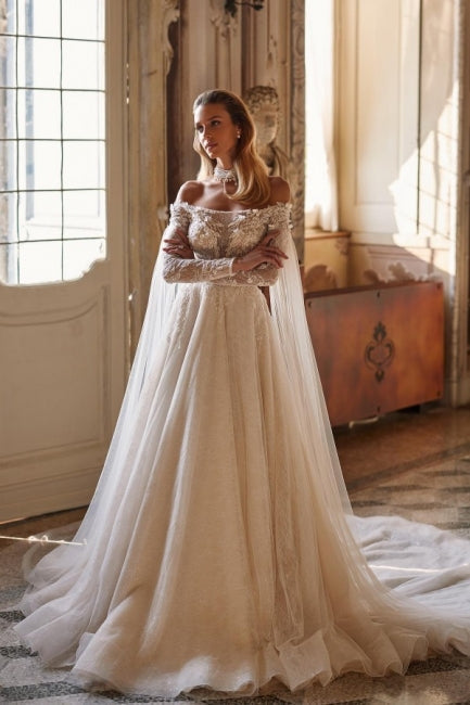 Exquisite Off-the-Shoulder Long Sleeves A-Line Wedding Dress in Lace with Beaded Details