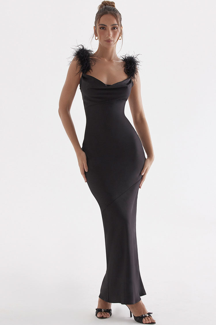 Luxury Cowl Neck Furry Sleeveless Fishtail Satin Evening Maxi Dress - Black - Fashionpara