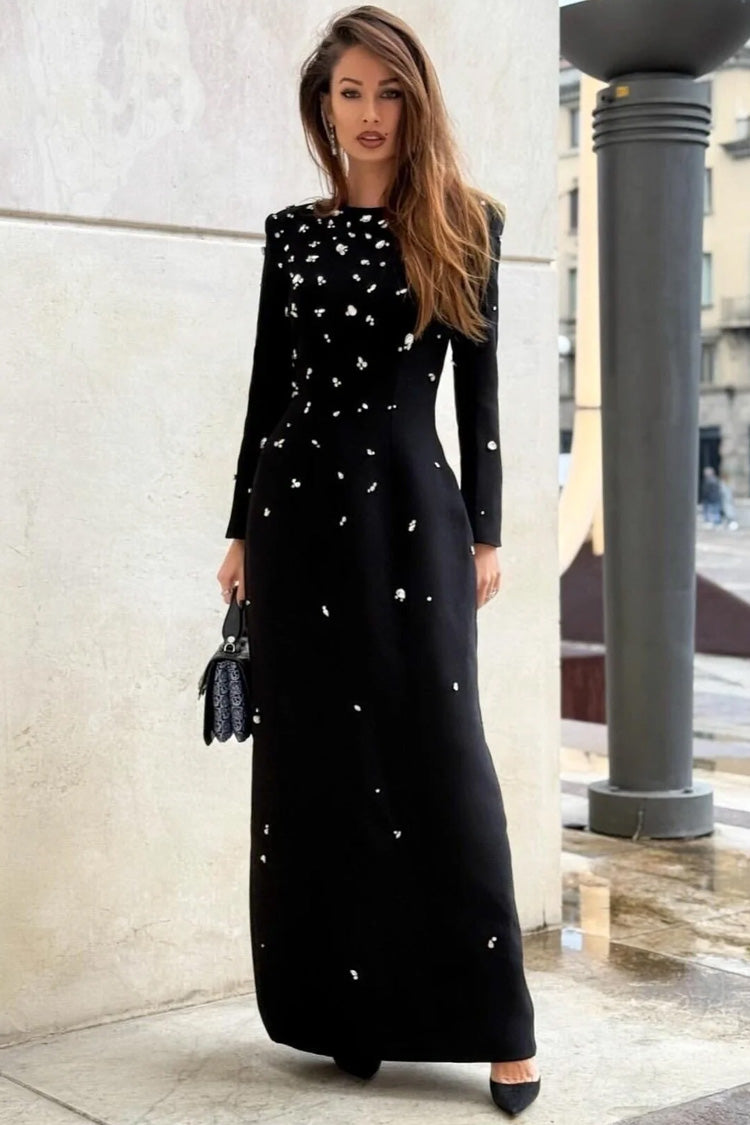 Luxury Crystal Shoulder Pad Crew Neck Long Sleeve Evening Maxi Dress