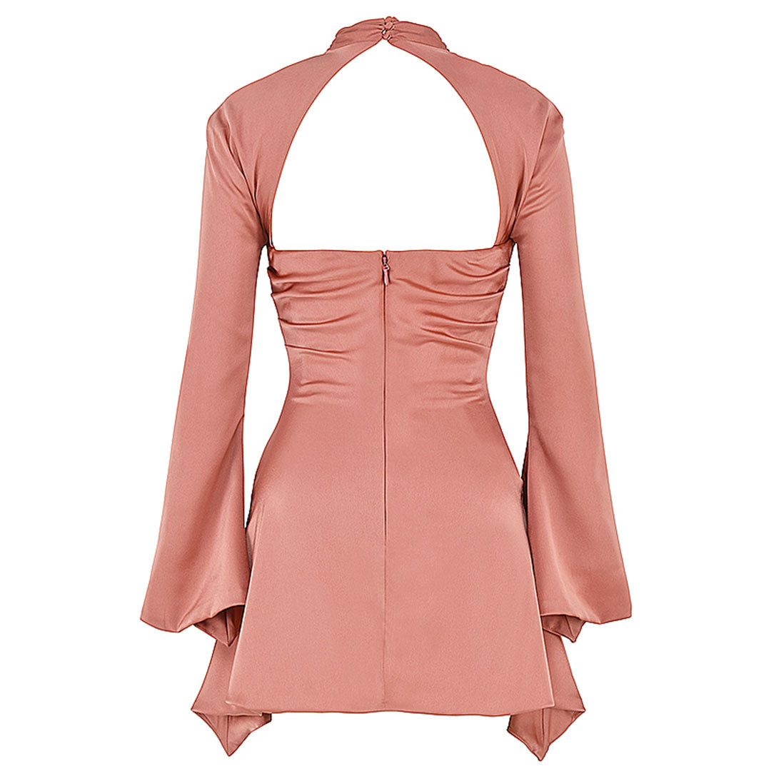 Luxury High Neck Cut Out Long Sleeve Draped Satin Mini Dress - Pink