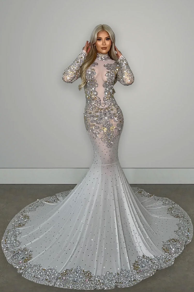 Luxury High Neck Long Sleeve Sheer Mesh Rhinestone Evening Maxi Dress - White - Fashionpara