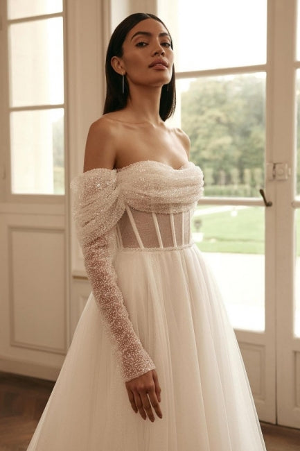 Luxury Long Sleeves Off-the-Shoulder A-Line Wedding Dress with Sequined Embellishments