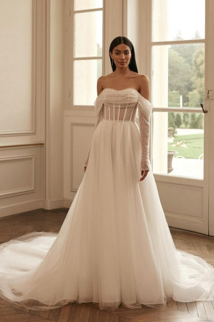 Luxury Long Sleeves Off-the-Shoulder A-Line Wedding Dress with Sequined Embellishments