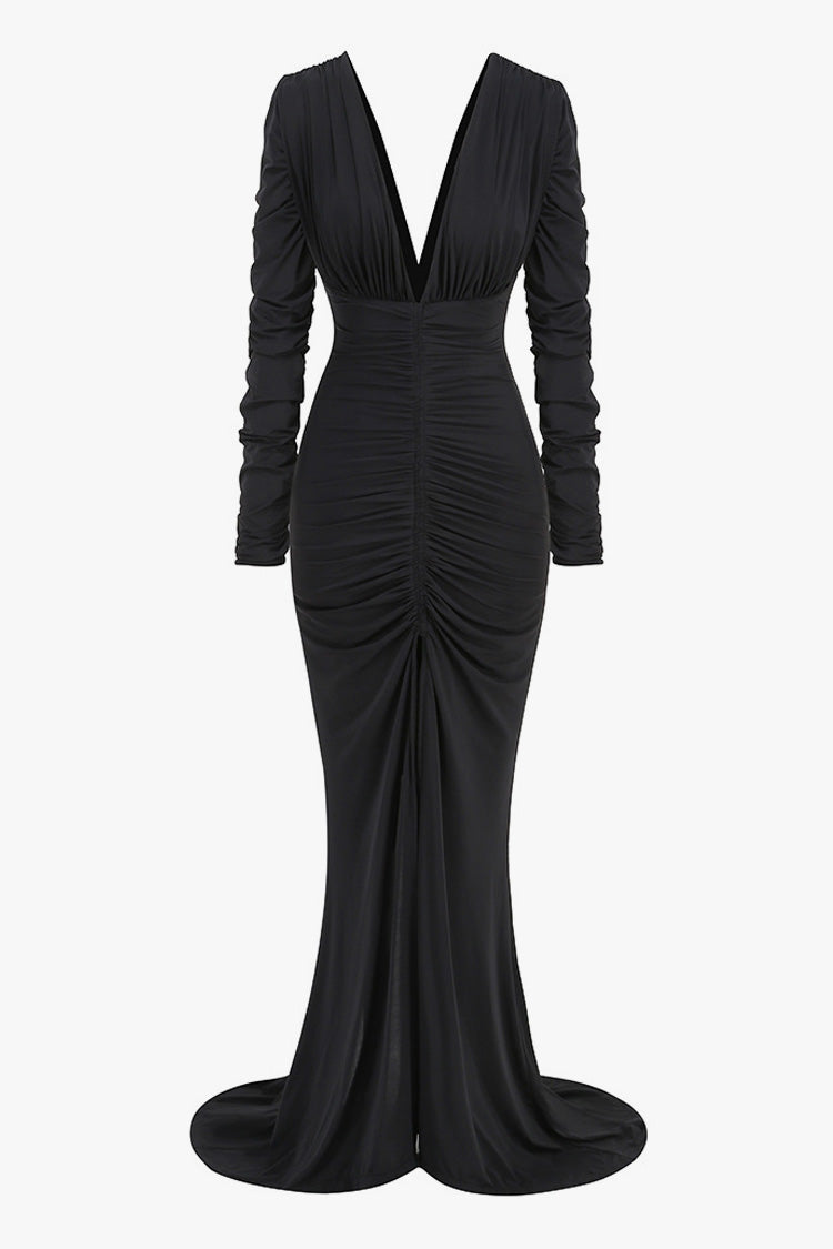 Luxury Plunge Neck Long Sleeve Split Ruched Mermaid Evening Maxi Dress