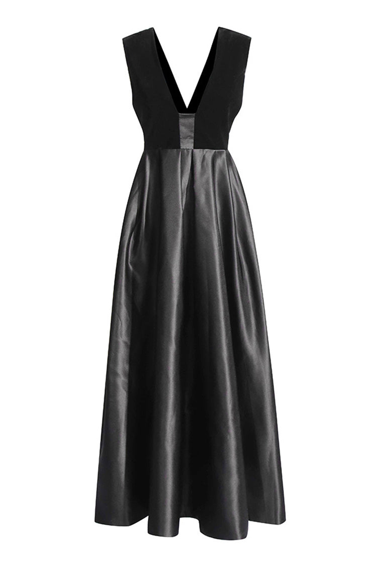 Luxury Plunge Neck Velvet Satin Sleeveless Ball Gown Evening Maxi Dress - Fashionpara