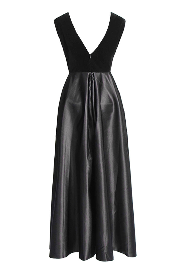 Luxury Plunge Neck Velvet Satin Sleeveless Ball Gown Evening Maxi Dress - Fashionpara