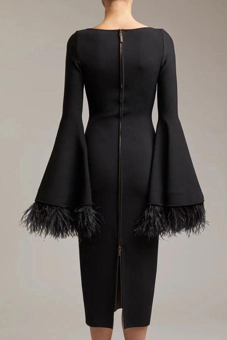 Luxury Scoop Neck Feather Cuff Long Sleeve Bandage Cocktail Midi Dress - Black