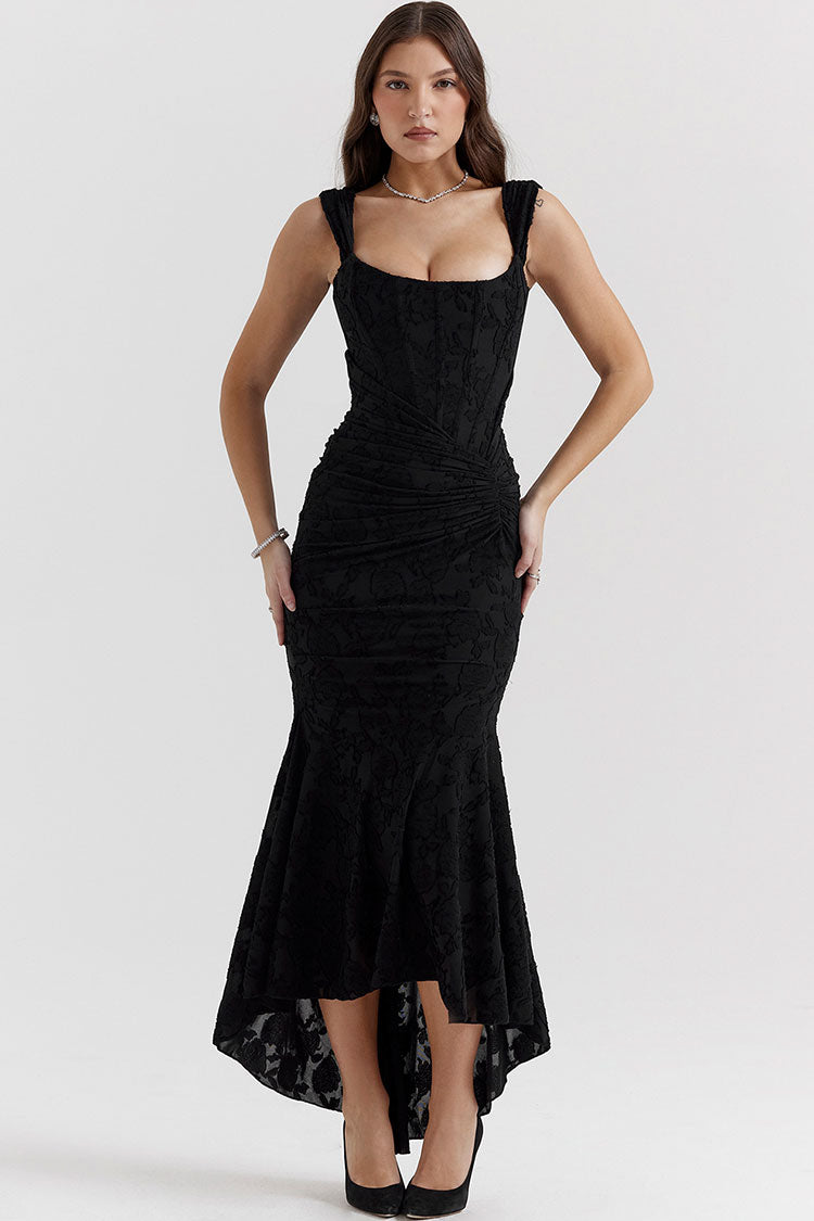 Luxury Textured Floral Ruched Corset Sleeveless Fishtail Evening Dress - Black - Fashionpara