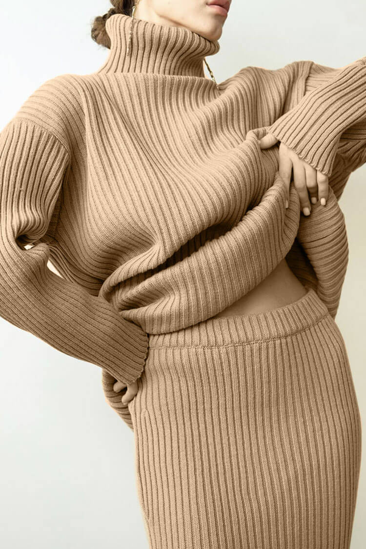 Luxury Winter Rib Knit Turtleneck Oversized Sweater Midi Two Piece Dress - Khaki