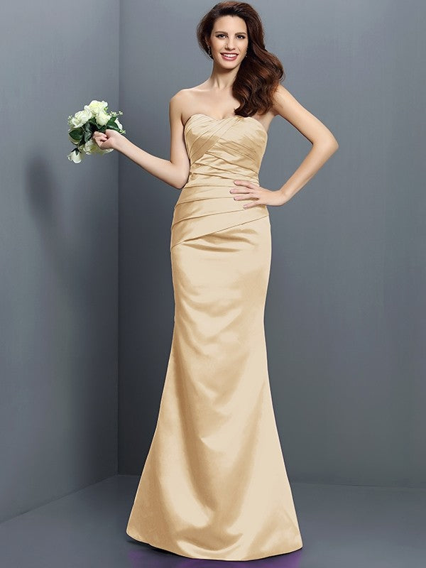 Mermaid Gorgeous Strapless Pleats Sleeveless Long Satin Bridesmaid Dresses