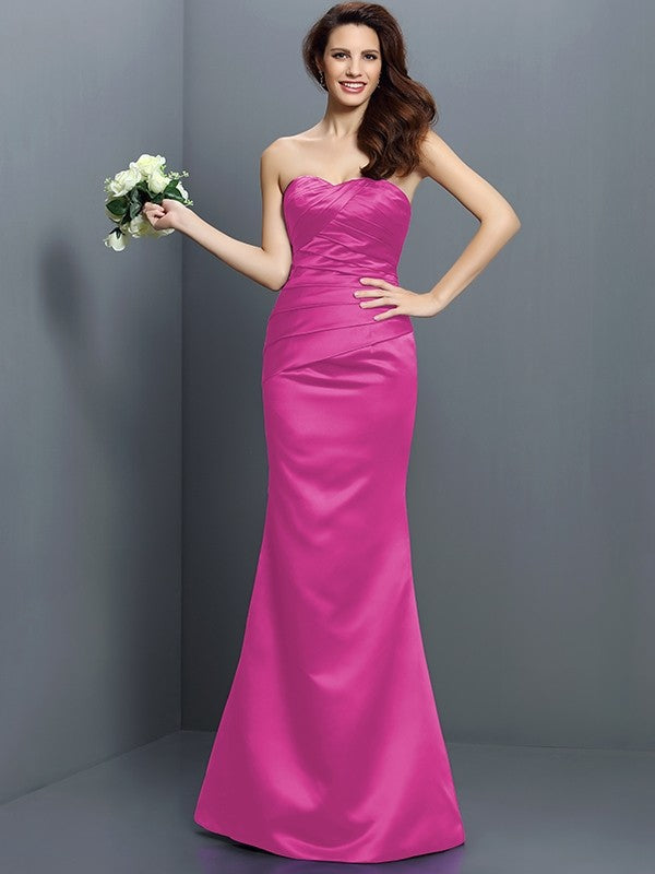 Mermaid Gorgeous Strapless Pleats Sleeveless Long Satin Bridesmaid Dresses