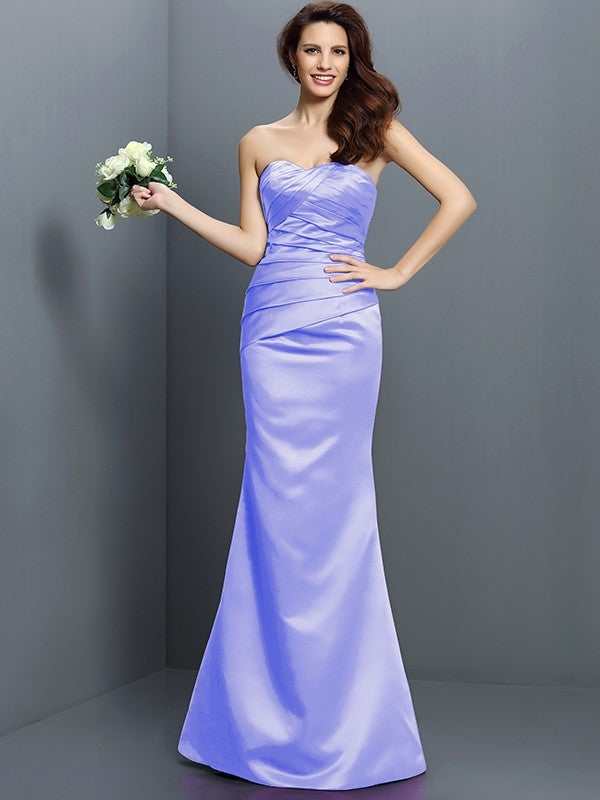 Mermaid Gorgeous Strapless Pleats Sleeveless Long Satin Bridesmaid Dresses