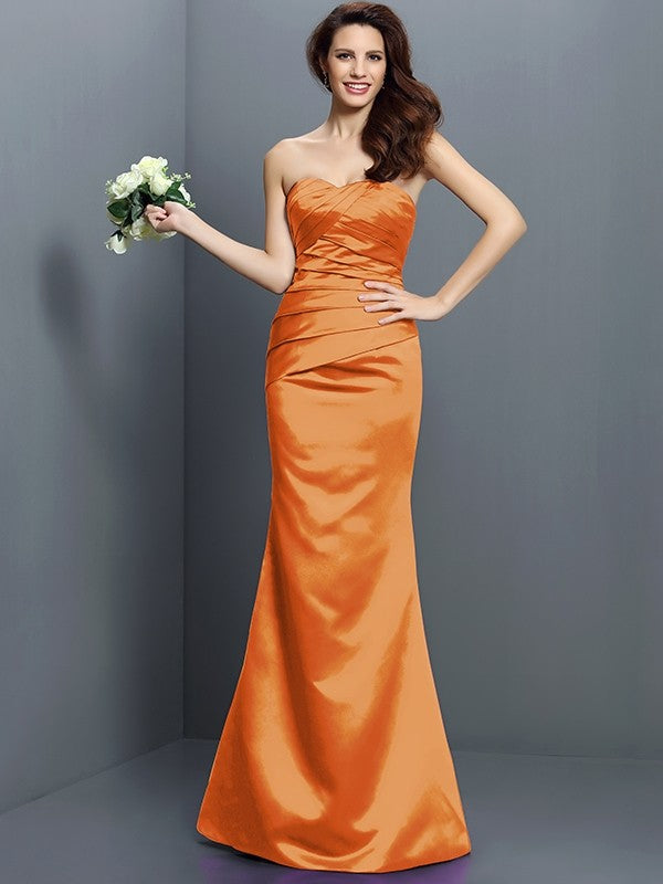 Mermaid Gorgeous Strapless Pleats Sleeveless Long Satin Bridesmaid Dresses