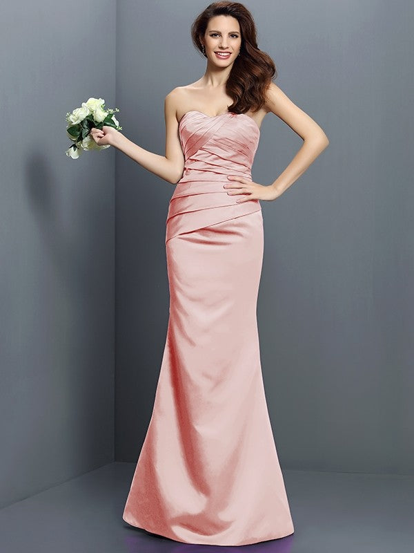 Mermaid Gorgeous Strapless Pleats Sleeveless Long Satin Bridesmaid Dresses