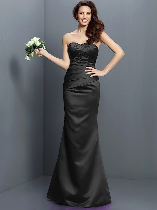 Mermaid Gorgeous Strapless Pleats Sleeveless Long Satin Bridesmaid Dresses