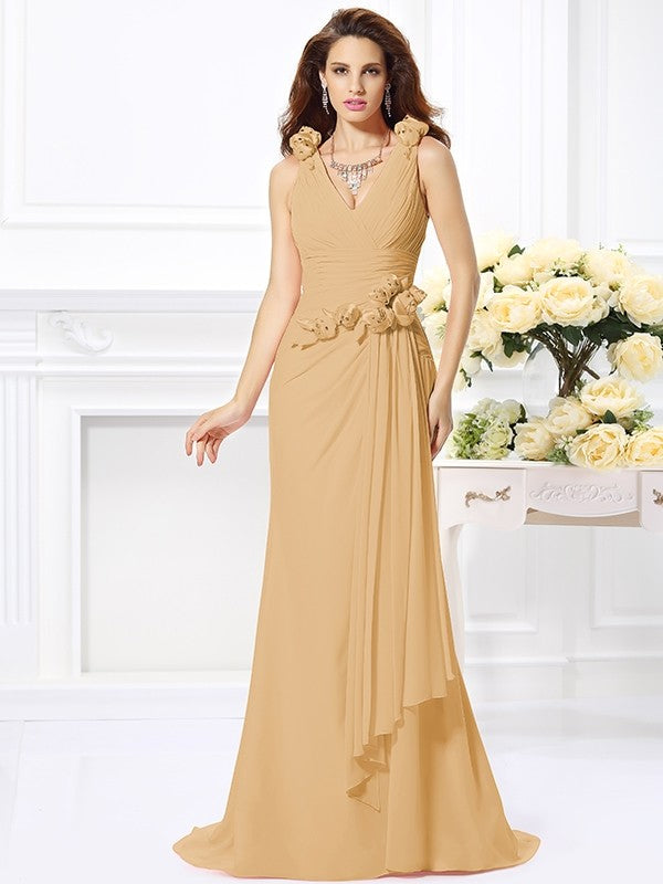 Mermaid Gorgeous V-neck Hand-Made Flower Sleeveless Long Chiffon Bridesmaid Dresses